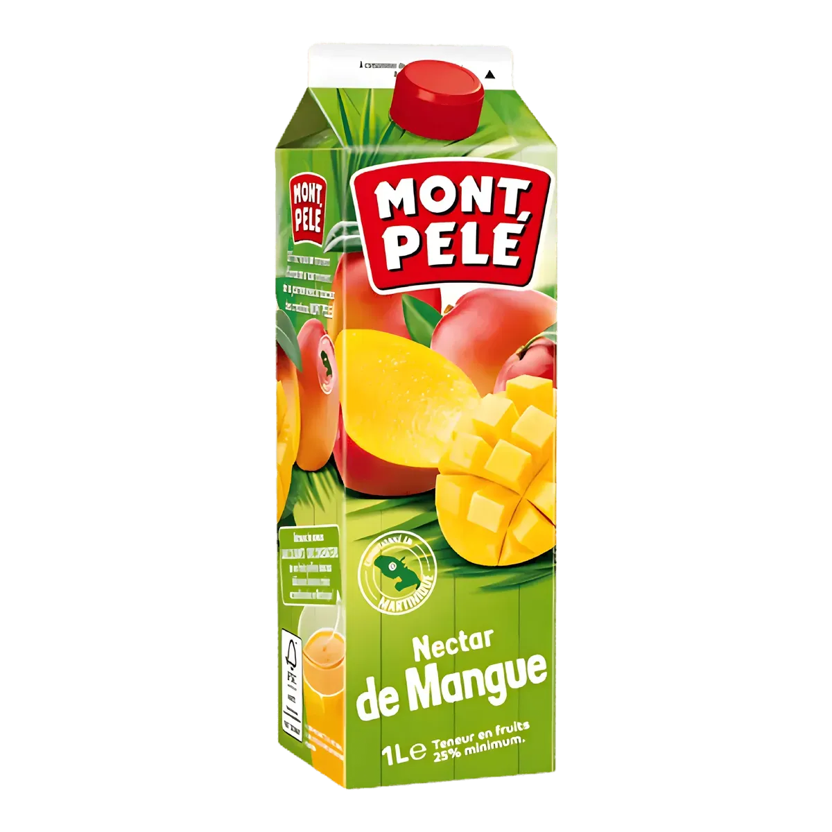 Brique de nectar de mangue MONTPELÉ 1L avec visuel de mangues juteuses, saveur exotique et riche, boisson fruitée tropicale.